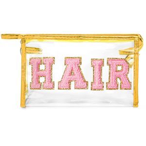 Clear Hair Makeup Bag - Preppy Patch Pink Chenille Varsity Letter Cosmetic Bag😃